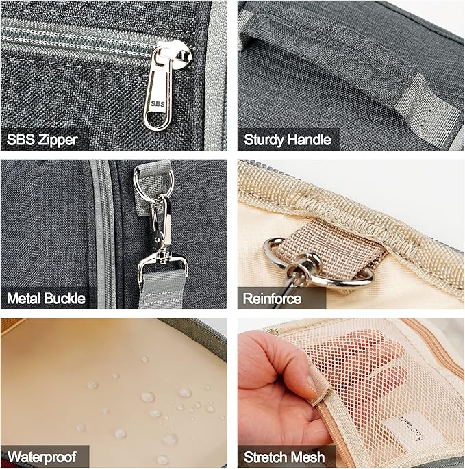 Hanging Toiletry Bag for Women & Men, Cruise Ship Travel Essentials, Holds Full-Size Shampoo, with Dry and Wet Separation Cosmetic Bag, Makeup Organizer Bag, Bathroom Water-Resistant Bag, Grey