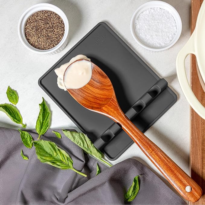 Zulay Kitchen Extra Large Silicone Utensil Rest with Drip Pad for Multiple Utensils - BPA-Free Heat-Resistant Spoon Rest & Spoon Holder for Stove Top - Kitchen Utensil Holder for Spoon - Black