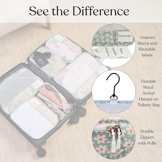 9 Set Packing Cubes - Suitcase Organizer, Cute Packing Cubes, Travel Bags Organizer for Luggage with Hanging Toiletry and Shoe Bag, Travel Essentials for Women, Men and Kids -Blue Flower