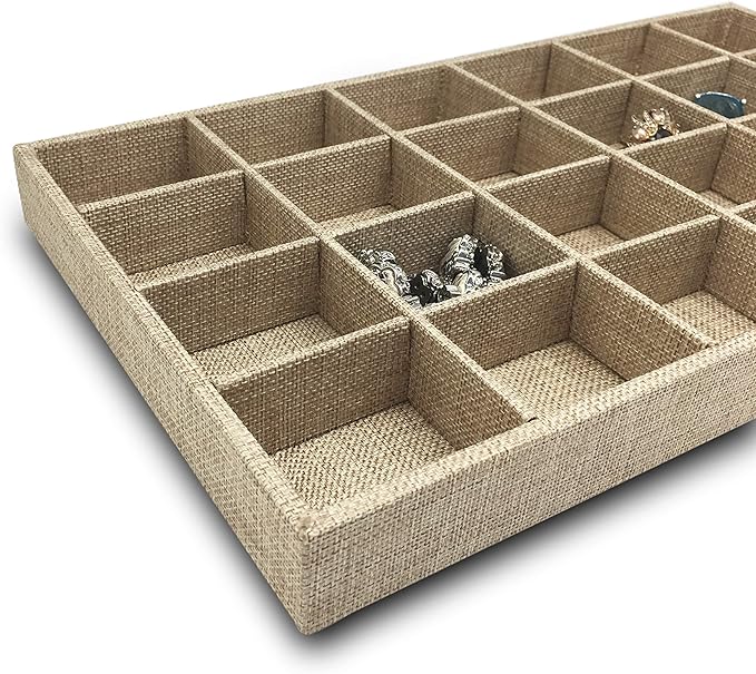 The Display Guys - Stackable Jewelry Tray and Organizer - for Drawers, Dressers, Store Display (24 Compartments, Beige Burlap)