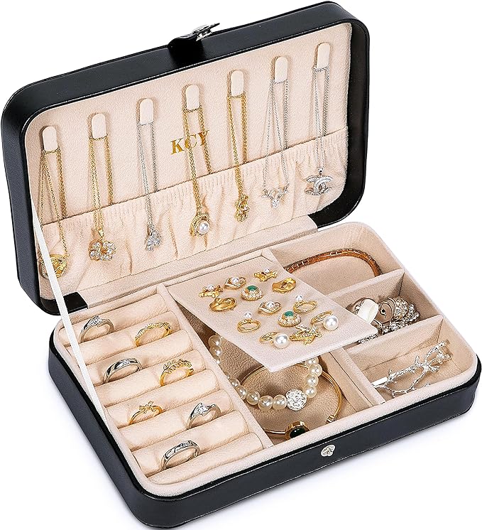KCY Travel Jewelry Organizer Box for Women Girls, Small Travel Jewelry Case, PU Leather Portable Jewellery Storage Boxes Display Holder for Ring Earrings Necklace Bracelet Bangle, Gifts, Black