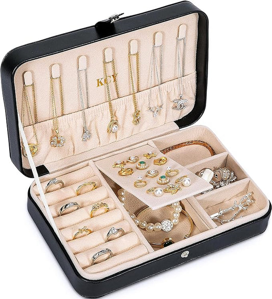 KCY Travel Jewelry Organizer Box for Women Girls, Small Travel Jewelry Case, PU Leather Portable Jewellery Storage Boxes Display Holder for Ring Earrings Necklace Bracelet Bangle, Gifts, Black