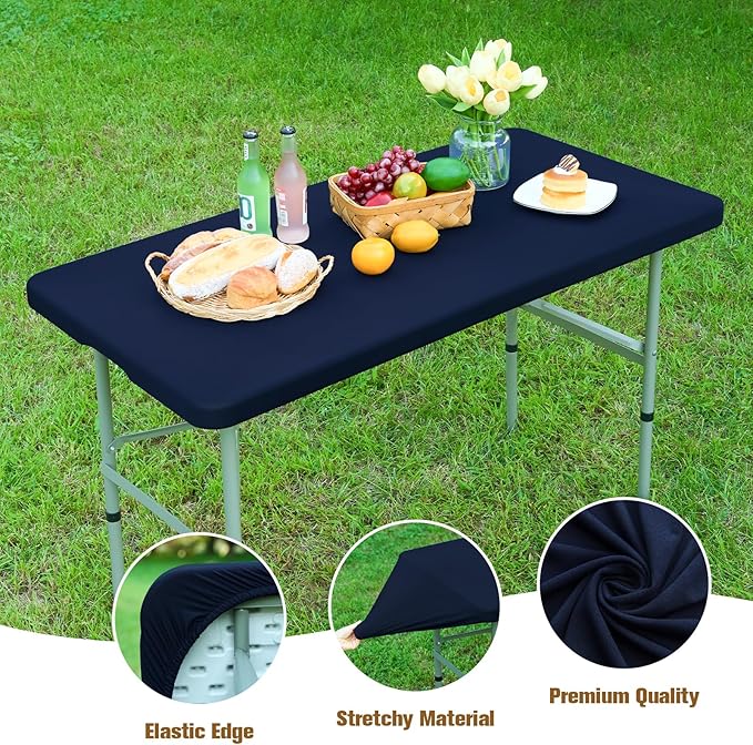 NEWISHER Fitted Rectangle Tablecloth 42 x 72 Inch Elastic Table Cloth Stretch Spandex Table Cover Navy Washable Polyester Table Top Cap Cover for Dining Picnic Camping Indoor and Outdoor