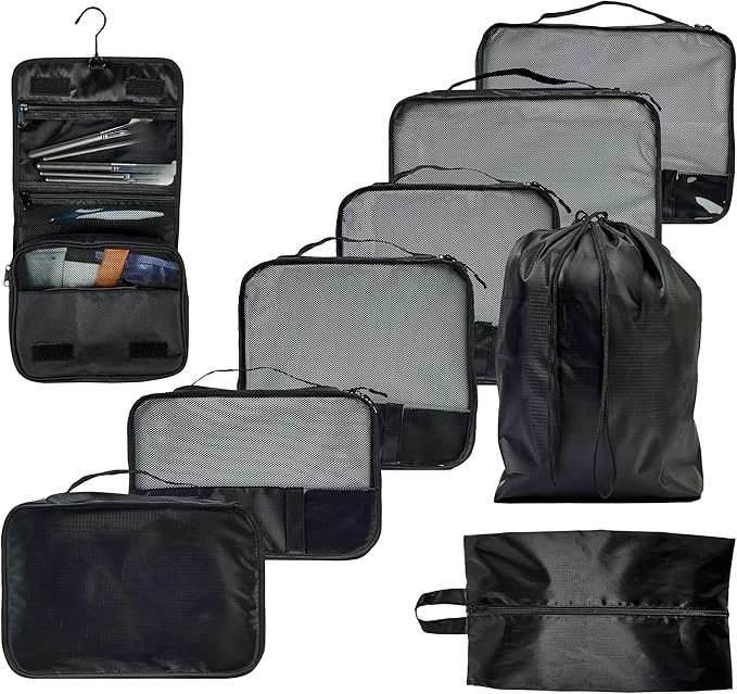 9 Set Packing Cubes - Suitcase Organizer, Cute Packing Cubes, Travel Bags Organizer for Luggage with Hanging Toiletry and Shoe Bag, Travel Essentials for Women, Men and Kids -Black