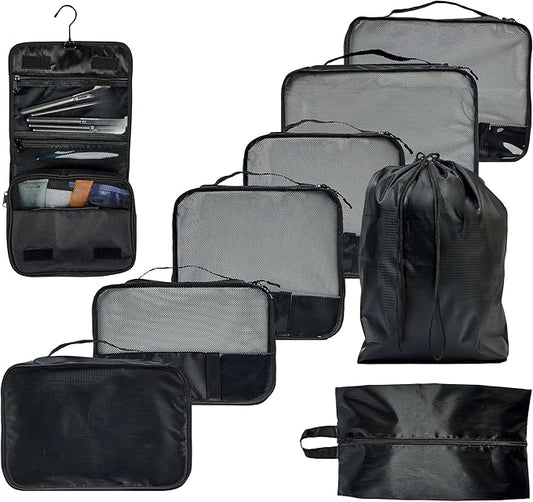 9 Set Packing Cubes - Suitcase Organizer, Cute Packing Cubes, Travel Bags Organizer for Luggage with Hanging Toiletry and Shoe Bag, Travel Essentials for Women, Men and Kids -Black