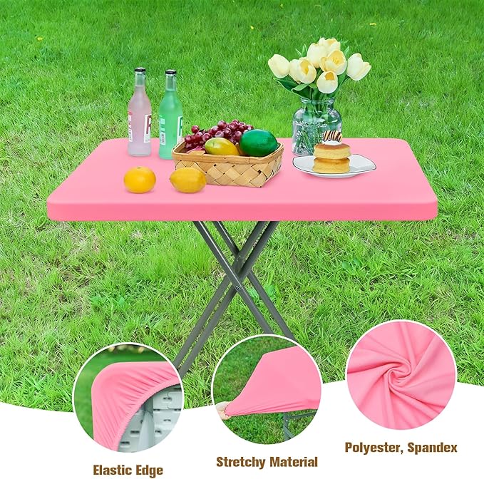 Fitted Rectangle Tablecloth 20 x 30 Inch Elastic Table Cloth for 2.5ft Table, Stretch Spandex Table Cover Pink Washable Polyester Table Top Cap Cover for Dining Picnic Camping Indoor and Outdoor