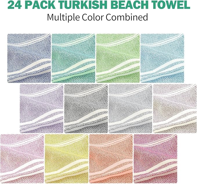 YSYJ Turkish Beach Towel Set of 24 Oversized Beach Towels 36 x 71 Inches Sand Free Turkish Bath Towels Quick Dry Pool Towels 12-Color Mix Pack