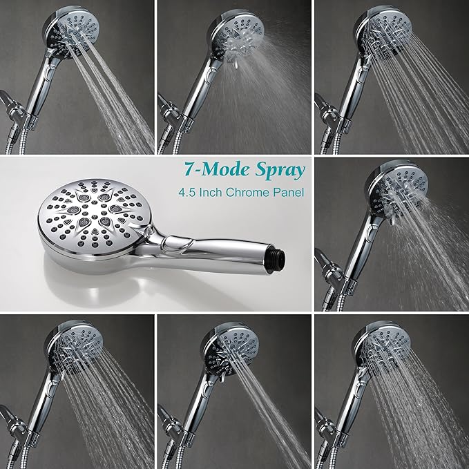 GwernKB Handheld Shower Head with on off Switch&Built-in Power Spray,7-Setting High Pressure Spray Shower Wand with 79in Long Hose&Bracket and Extra Adhesive Shower Holder for Lower Mount,Chrome