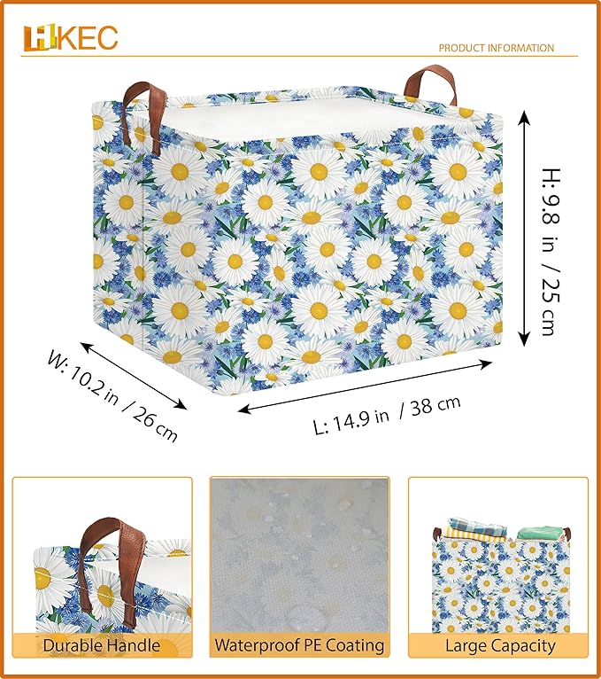 Rectangle Storage Basket with Handles,Collapsible Storage Bin,Books Box,Gift Basket(Blue Daisy)