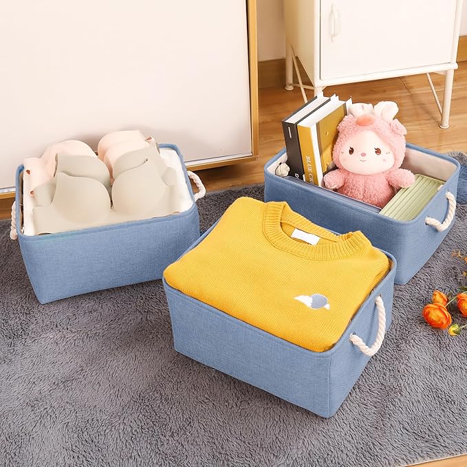 Storage Bins with Sturdy Cotton Handles(3 Pack), Fabric Storage Baskets for Organizing use for Office & Home, Book, Clothes, Toys, Closet Boxes (Small, Blue, 12.2x8.3x6.3 inches)