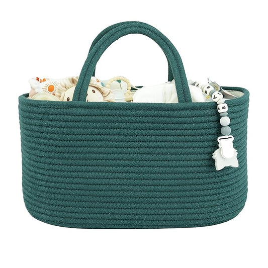 Large Baby Diaper Caddy Organizer for Girl Boy Rope Nursery Storage Bin Basket Portable Holder Tote Bag for Changing Table Car Travel Baby Shower Gifts basket dark green