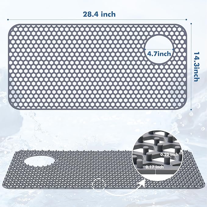 Silicone Sink Protectors for Kitchen Sink - 28.4"x 14.3" Kitchen Protector Accessory, Non-Slip Heat Resistant Mat for Bottom of Farmhouse Porcelain Stainless Steel (Top Right Drain Hole,Gray)