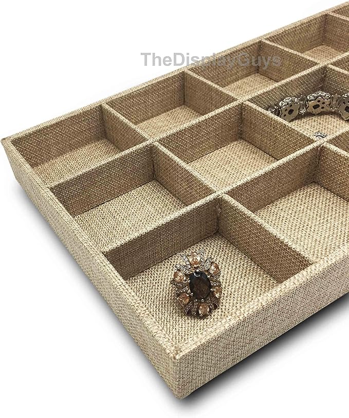 The Display Guys - Stackable Jewelry Tray and Organizer - for Drawers, Dressers, Store Display (15 Compartments, Beige Burlap)