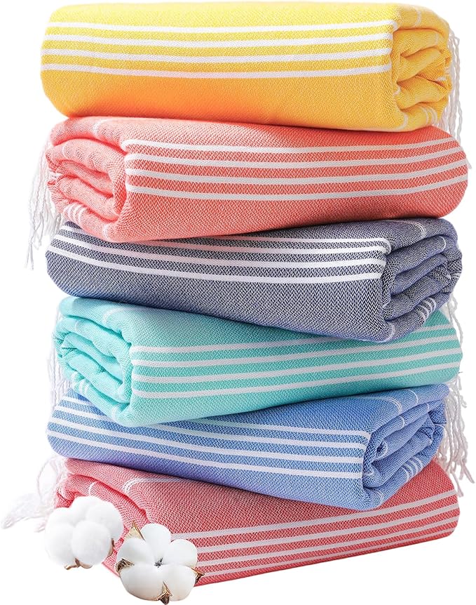 Genovega 6 Oversized Cotton Turkish Beach Bath Towel Set Bulk 74"x38" Extra Large Sand Free Quick Dry Swimming Camping Pool Clearance Towels Blanket Essentials Adult Multi YellowStripes