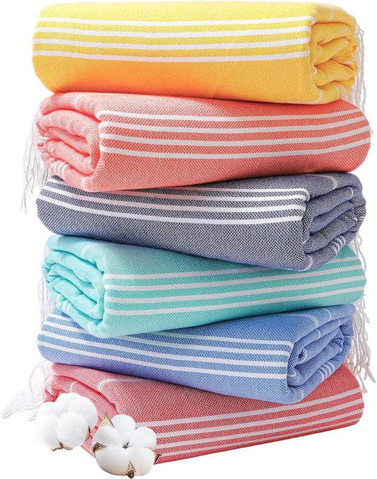 Genovega 6 Oversized Cotton Turkish Beach Bath Towel Set, Bulk 74"x38" Extra Large, Sand-Free, Quick-Dry for Swimming, Camping, Pool Clearance Towels, Blanket Essentials, Adult, Multi Yellow Stripes
