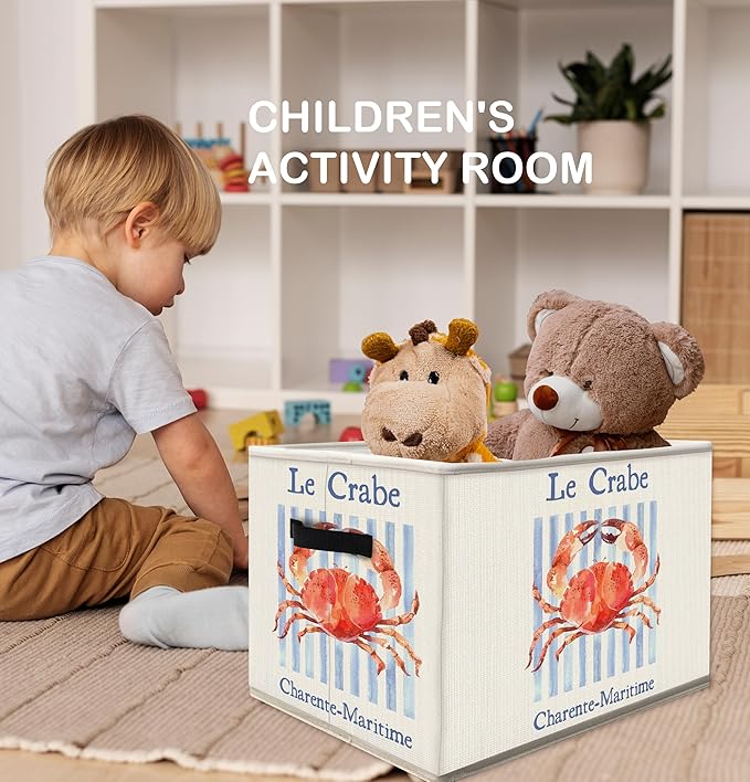 Coastal Beach Crab Storage Bins Box with Handles, Nautical Ocean Crab Collapsible Fabric Storage Basket Box Organizer for Beach House Bedroom Bathroom Clothes Toys Books
