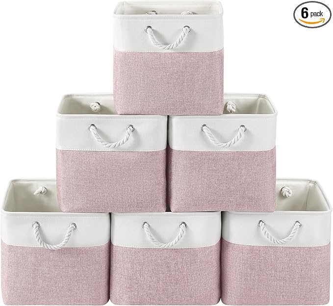 VQRTEXA 13 x 13 Inch Cube Storage Bins, 6 Pack Fabric Storage Basket with Handles, Foldable Boxes Organizer for Shelf Baskets for Home, Clothes (White/Pink)
