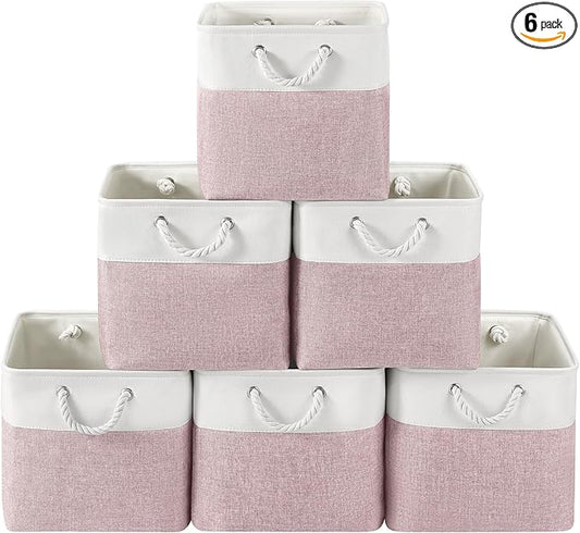 VQRTEXA 13 x 13 Inch Cube Storage Bins, 6 Pack Fabric Storage Basket with Handles, Foldable Boxes Organizer for Shelf Baskets for Home, Clothes (White/Pink)