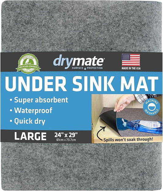 Drymate Premium Under Sink Mat, Waterproof Cabinet Protection Mats for Kitchen & Bathroom, Absorbent Shelf Liners, Slip-Resistant, Non-Adhesive, Machine Washable (USA Made)(24”x29”)(Light Grey)