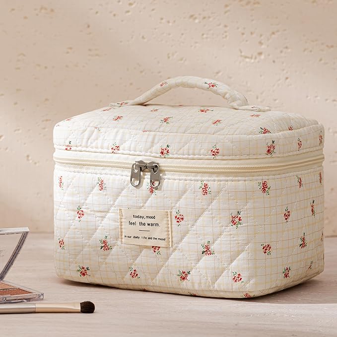 HBselect Quilted Makeup Bag, 3PCS Cotton Large Travel Makeup Bag, Cute Floral Coquette Make up Bag Cosmetic Bag Toiletry Bag for Women Girls