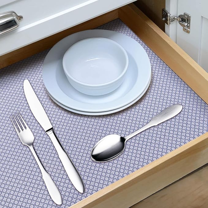 RAY STAR 18X96 Inch Shelf Liner for Kitchen Cabinets, Non-Adhesive Cabinet Liner Washable, PVC Drawer Liner for Dresser Non-Slip Bathroom (Blue Circle)(5 Roll)