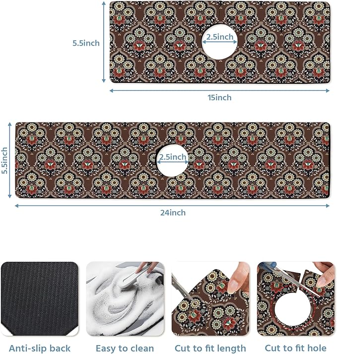 Patterned Sink Faucet Mat Kitchen Splash Guard Super Absorbent Drying Mat, Non-Slip Drain Pad for Kitchen Counter or Bathroom-24x5.5in