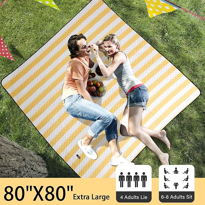 HX&OD Extra Large Picnic Outdoor Blanket, 80”x80” Waterproof Picnic Mat Foldable Camping Blanket Portable with Carry Strap for Beach Mat Outdoor Camping Party (Yellow)