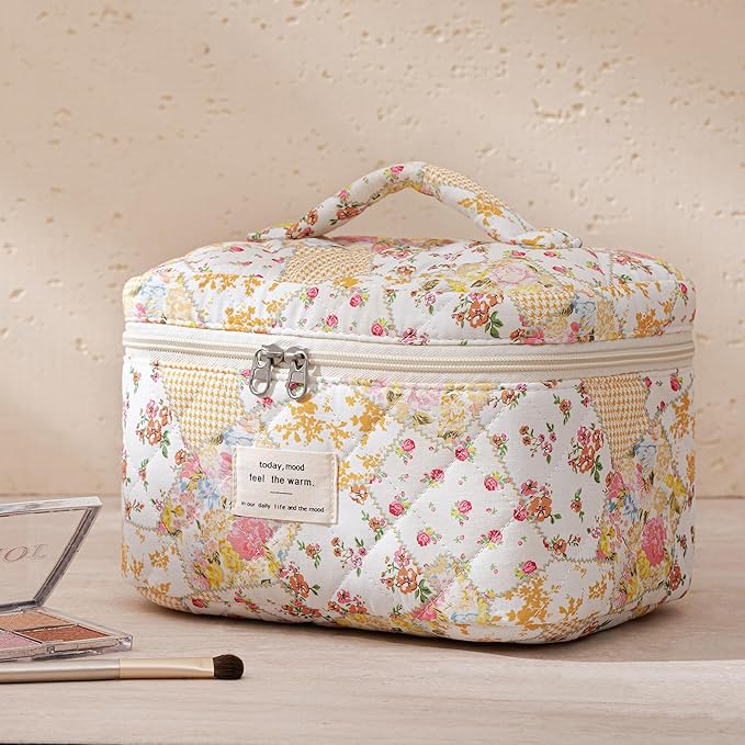 HBselect Quilted Makeup Bag, 3PCS Cotton Large Travel Makeup Bag, Cute Floral Coquette Make up Bag Cosmetic Bag Toiletry Bag for Women Girls
