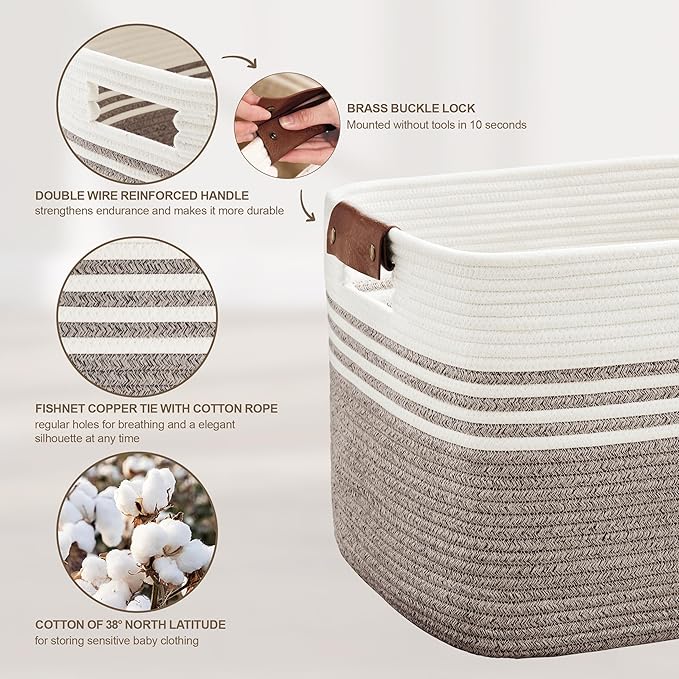 SunNewt 72L Large Laundry Basket with Leather Handles for Living Room Storage, Woven Rope Baskets Bin for Blanket, Kids Toy, Gifts, Wicker Hamper for Bedroom Dirty Clothes, 22"x17"x12" Dark Brown