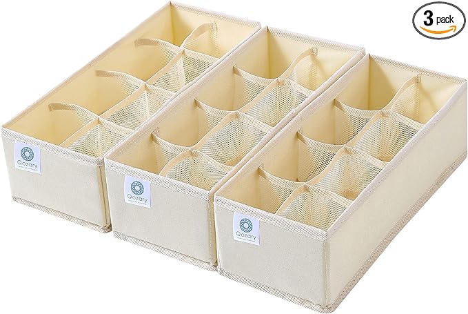 Qozary 3 Pack Sock Underwear Drawer Organizer Dividers, Collapsible Cabinet Closet Storage Boxes for Clothes, Socks, Lingerie, Underwear, Tie, Belt, Baby, Bedroom