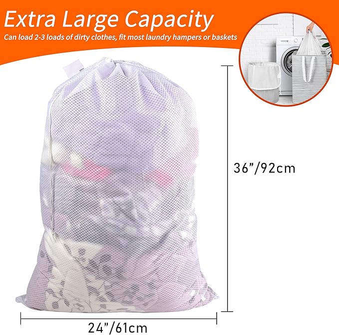 Polecasa Heavy Duty Diamond Mesh Laundry Bags 24x36" - Large Commercial Grade Laundry Bag with Drawstring & ID Tag for College Dorms, Travel, Sports Equipment – White