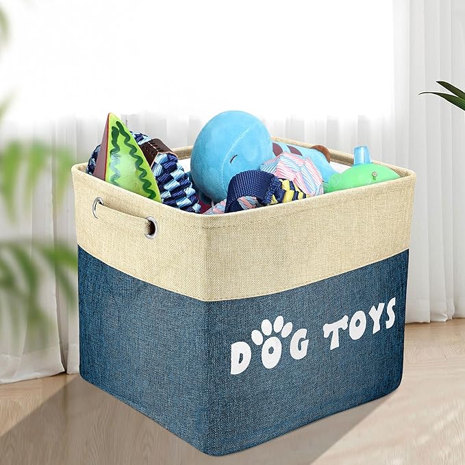 PET ARTIST Large Dog Toy Basket Bin - Rectangular Storage Box Chest Organizer for Dog Toys,Coats,Clothing,Apparel & Accessories & Blanket,Navy Blue,15"x13"x12"