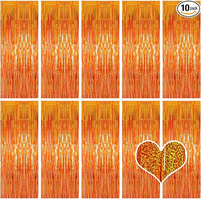 10 Pack Orange Backdrop Curtain 3.2ft x 8.2ft Metallic Tinsel Foil Fringe Curtains Photo Booth Background for Birthday Party Decoration Baby Shower Engagement Wedding Christmas Decoration