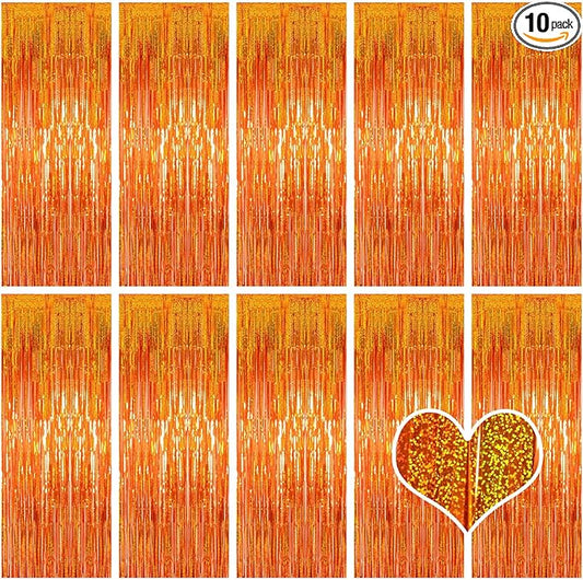 10 Pack Orange Backdrop Curtain 3.2ft x 8.2ft Metallic Tinsel Foil Fringe Curtains Photo Booth Background for Birthday Party Decoration Baby Shower Engagement Wedding Christmas Decoration