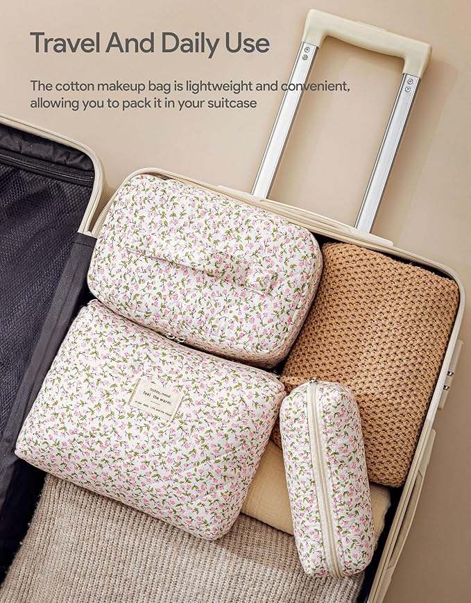 HBselect Quilted Makeup Bag, 3PCS Cotton Large Travel Makeup Bag, Cute Floral Coquette Make up Bag Cosmetic Bag Toiletry Bag for Women Girls