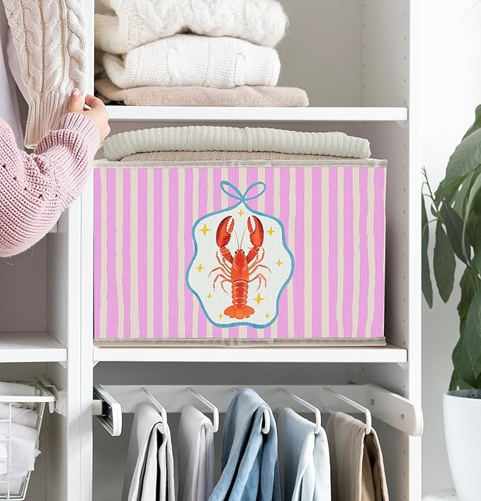 Coastal Beach Lobster Storage Bins Box with Handles, Preppy Blue Bow Ocean Lobster Collapsible Fabric Storage Basket Box Organizer for Bedroom Bathroom Clothes Toys Books