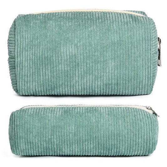 SOIDRAM Makeup Bag Corduroy Cosmetic Bag Cute Green Makeup Pouch 1Pcs Large Capacity Makeup Bags and 1Pcs Makeup Brushes Storage Bag Travel Toiletry Bag Organizer