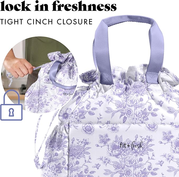 Fit & Fresh Cromwell Drawstring Lunch Bag for Women, Complete Lunch Set with 2 Containers, Stain-Resistant, Leak-Resistant, Back to School Essential, Teacher Lunchbox, Lavender Floral Toile