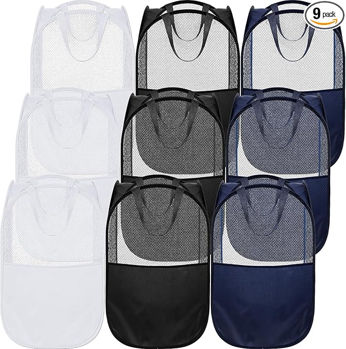 9Pcs Mesh Hamper Pop up Hampers for Laundry Foldable Laundry Basket with Sturdy Handles (Black/White/Blue) Dirty Clothes Baskets for Bedroom College Dorm Travel Storage