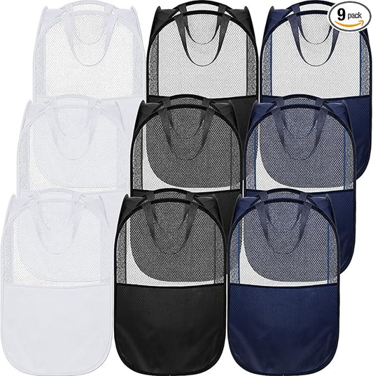 9Pcs Mesh Hamper Pop up Hampers for Laundry Foldable Laundry Basket with Sturdy Handles (Black/White/Blue) Dirty Clothes Baskets for Bedroom College Dorm Travel Storage