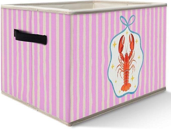 Coastal Beach Lobster Storage Bins Box with Handles, Preppy Blue Bow Ocean Lobster Collapsible Fabric Storage Basket Box Organizer for Bedroom Bathroom Clothes Toys Books