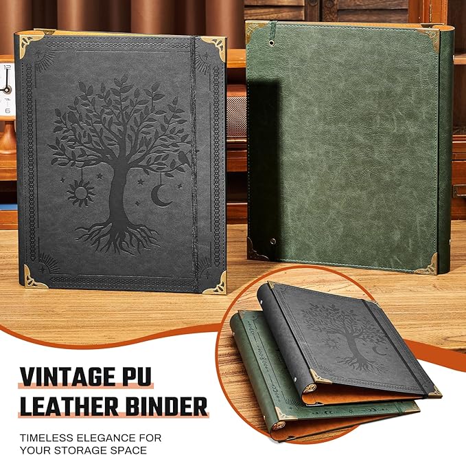 Ovesmusl PU Leather 3 Ring Binder Fits 8.5"x11" Letter Size Paper, 2 Inch Round Ring Binder Holds 500 Sheets, Notepad Paper Cover Loose Leaf Organizer, Black Tree