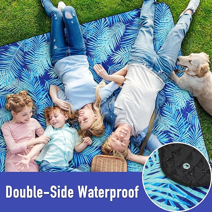 PY SUPER MODE Picnic Blankets Extra Large, Waterproof Foldable Outdoor Beach Blanket Oversized 83x79” Sandproof, 3-Layer Picnic Mat for Camping, Hiking, Travel, Park, Concerts (Blue Leaves)