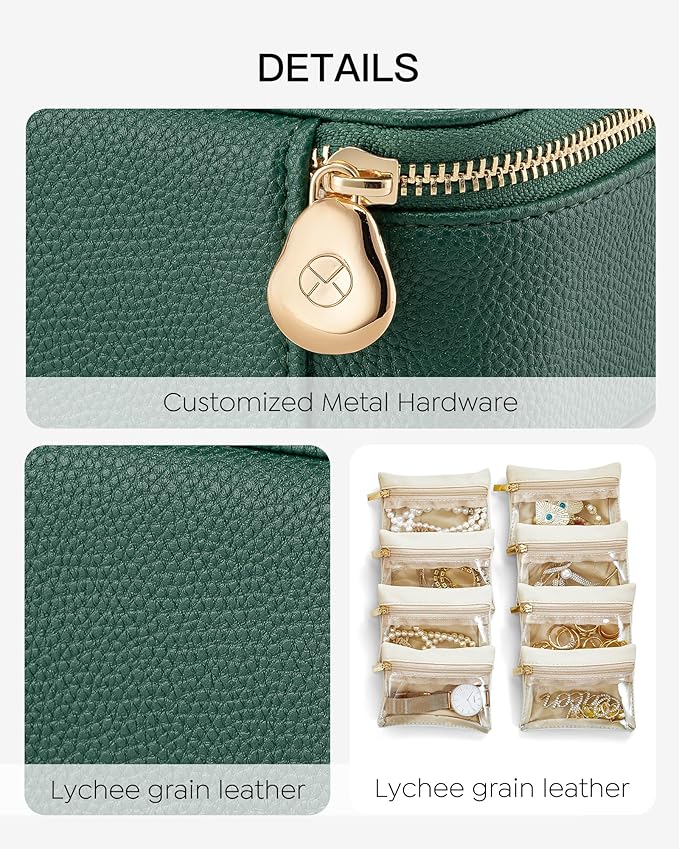 Vlando Jewelry Box with 8 Velvet Jewelry Bags Travel Jewelry Storage Box Petal Hardware Jewelry Organizer for Necklace Rings Earrings Women Gifts for Christmas Birthday-Green