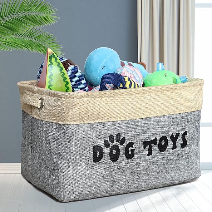 PET ARTIST Dog Toy Basket, Collapsible Dog Toy Bin Box with Comfortable Handles, Large Pet Toy Storage Basket Organizer for Accessories, Toys, Coat & Clothing, Blanket & Leash, Gray, 15"x11"x9"