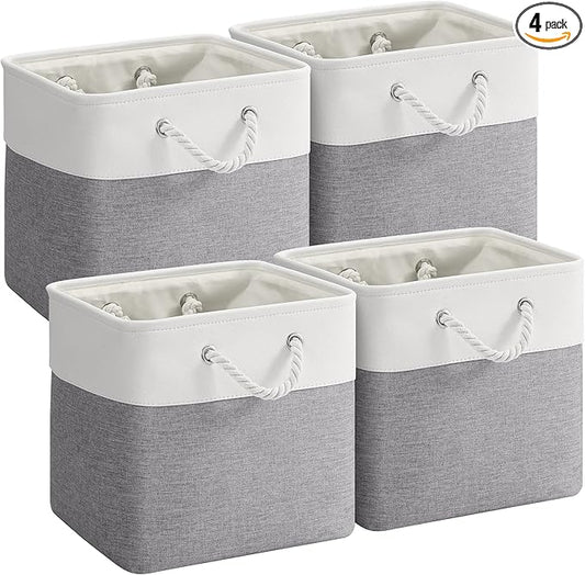 VQRTEXA 12 x 12 Inch Cube Storage Bins, 4 Pack Fabric Storage Basket with Handles, Foldable Boxes Organizer for Shelf Baskets for Home, Clothes (White/Grey)
