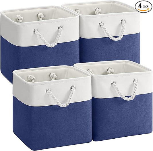 VQRTEXA 12 x 12 Inch Cube Storage Bins, 4 Pack Fabric Storage Basket with Handles, Foldable Boxes Organizer for Shelf Baskets for Home, Clothes (White/Blue)