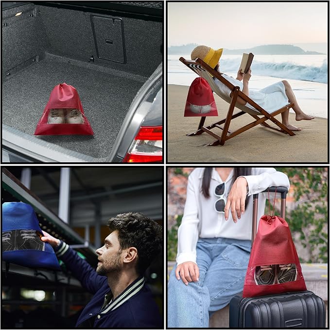 12 PCs Shoe Bags for Travel, Packing, Storage, Organizing & Suitcase. Reusable Dustproof & Water Resistant Sneakers Pouch Protectors with Clear Window & Drawstring. Laundry & Toys (Sand, Gray & Black)