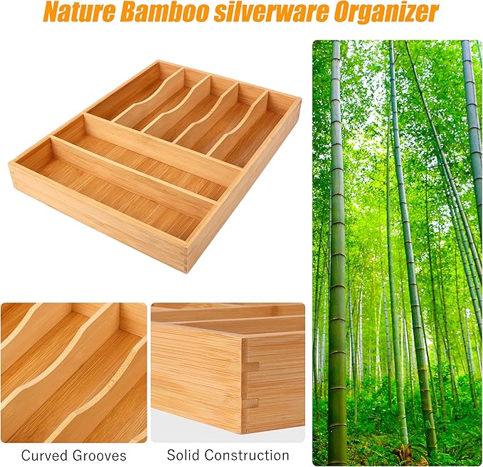 Bellsal Bamboo Silverware Drawer Organizer, Kitchen Utensil Drawer Organizers, 12"x15.7" Utensils Holder Cutlery Tray with Grooved Drawer Dividers for Kitchen Flatware Bedroom Office (7 Slot, Natural)