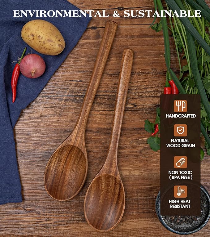 2PCS Wooden Spoons for Cooking, Natural Acacia Wood Cooking Spoons, Large Serving Spoons for Nonstick Cookware, Heat Resistant Durable Wooden Kitchen Utensils for Mixing Salad, Serving and Stirring